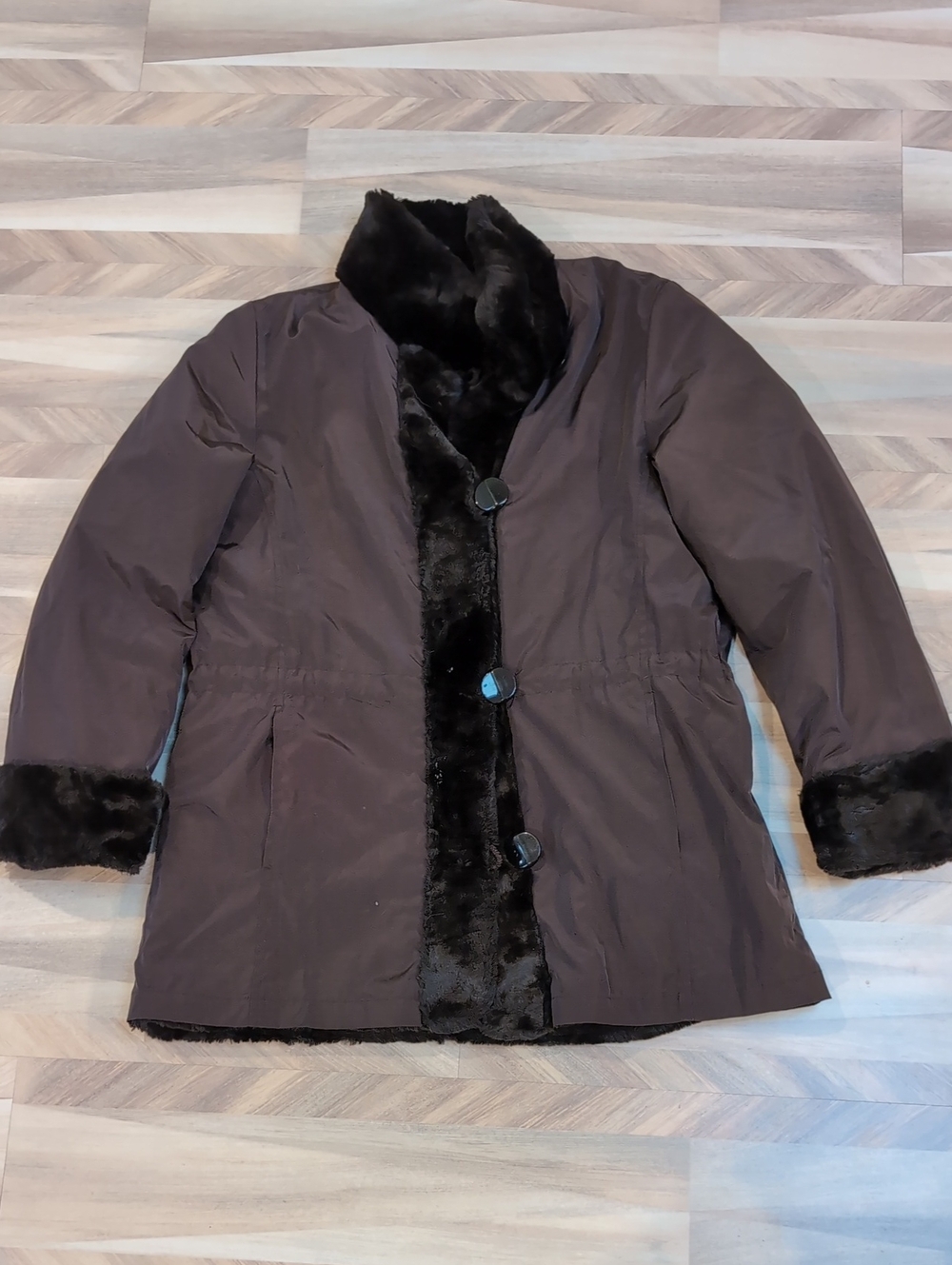Hilary Radley Dark Brown Puffer Coat with Faux Fur Trim